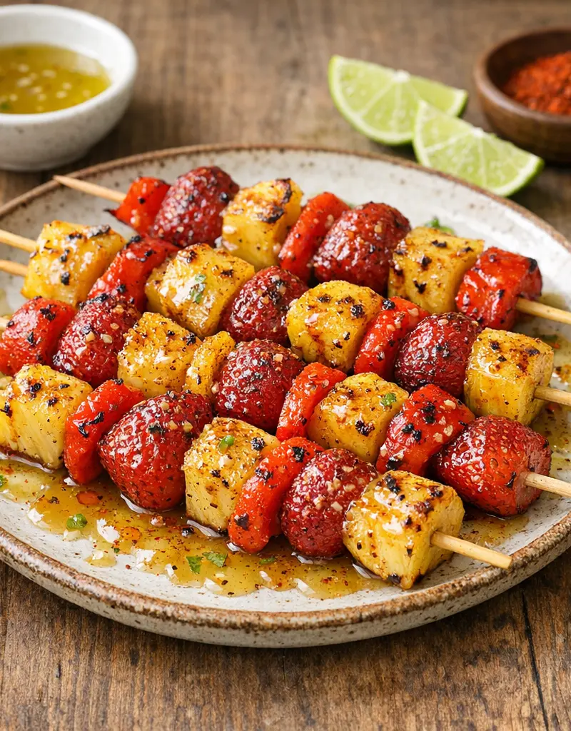 Spicy Fruit Skewers With Honey Lime Drizzle prepared dish