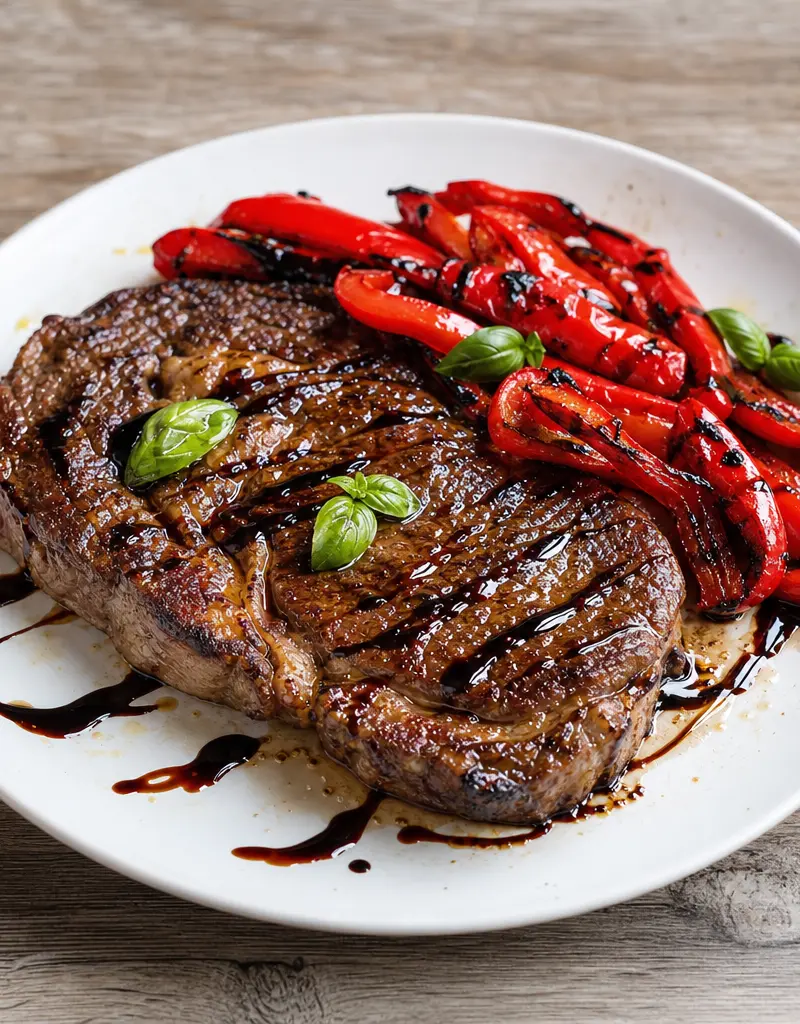 Rib Eye Steaks with Roasted Red Peppers and Balsamic Reduction prepared dish