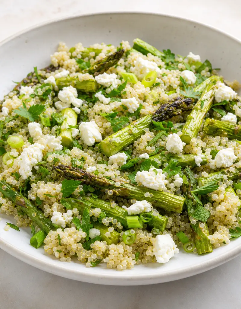 Lemon Quinoa with Roasted Asparagus and Feta prepared dish