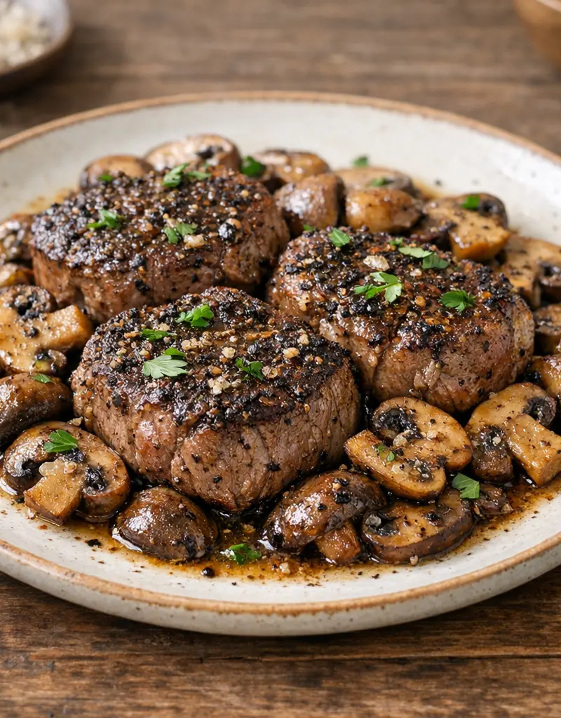 Cracked Black Pepper Filet Medallions With Cremini Mushrooms prepared dish