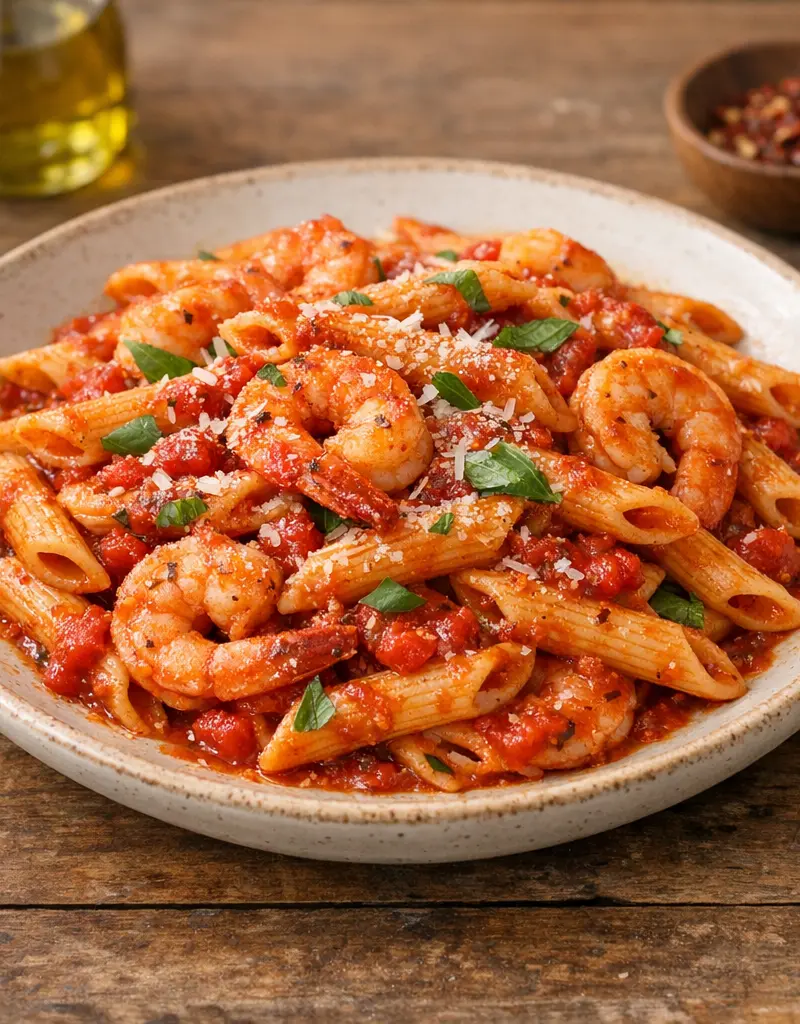 Penne Pasta With Shrimp In Spicy Tomato Sauce prepared dish
