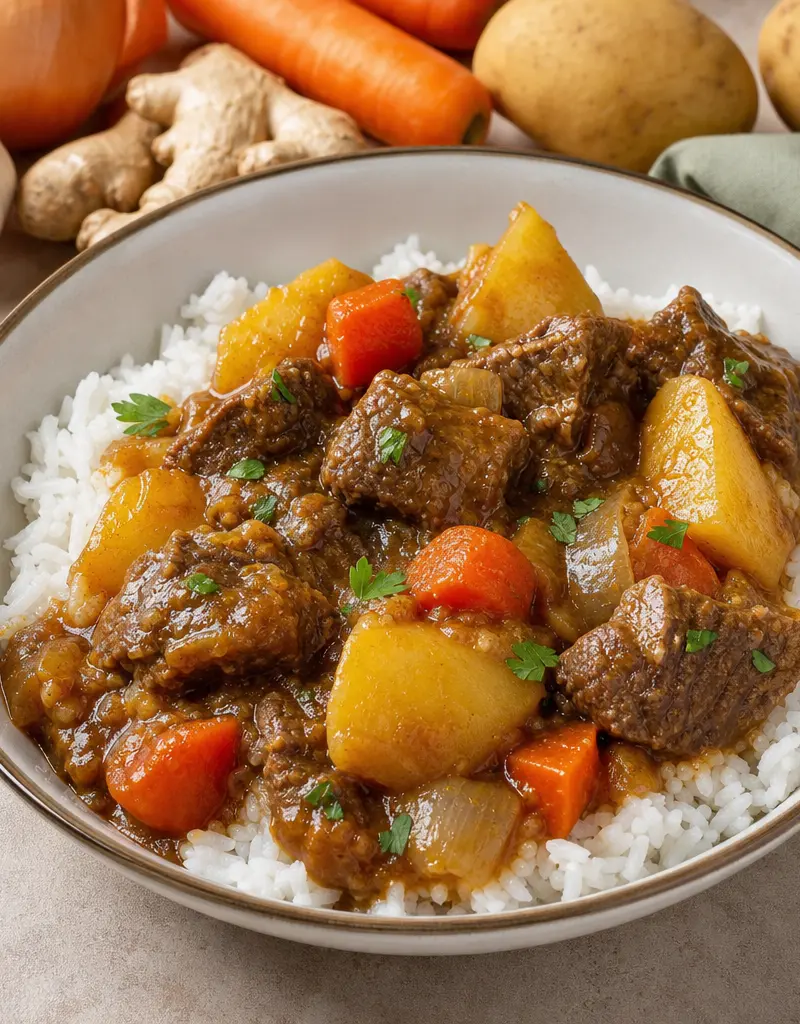 Curry Beef Stew with Steamed Rice prepared dish