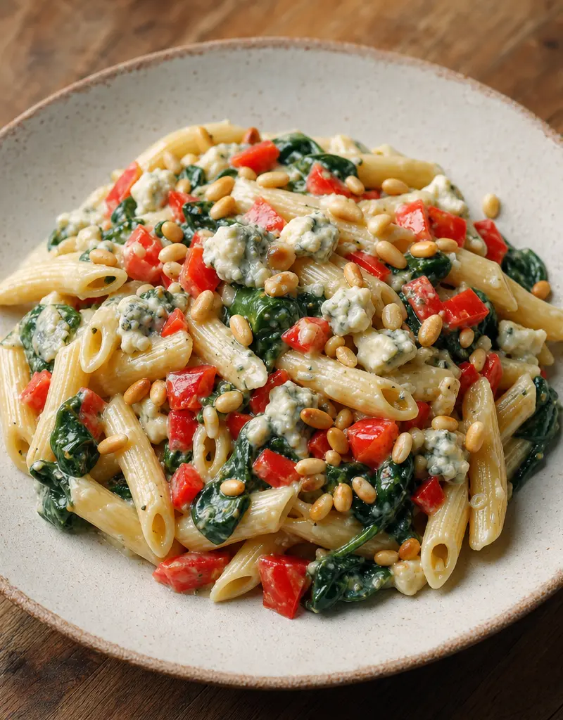 Pasta Gorgonzola with Spinach, Red Peppers, and Pine Nuts prepared dish