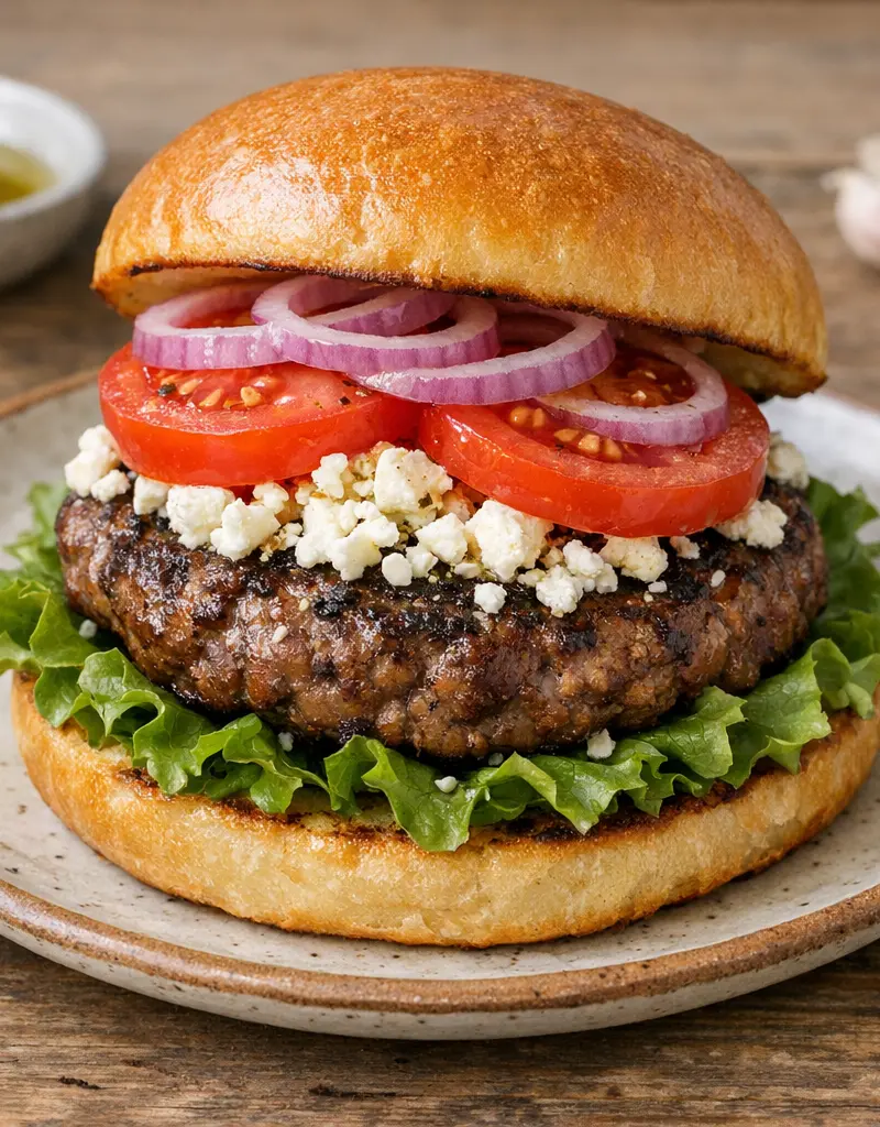 Beef Burgers With Feta And Tomato prepared dish