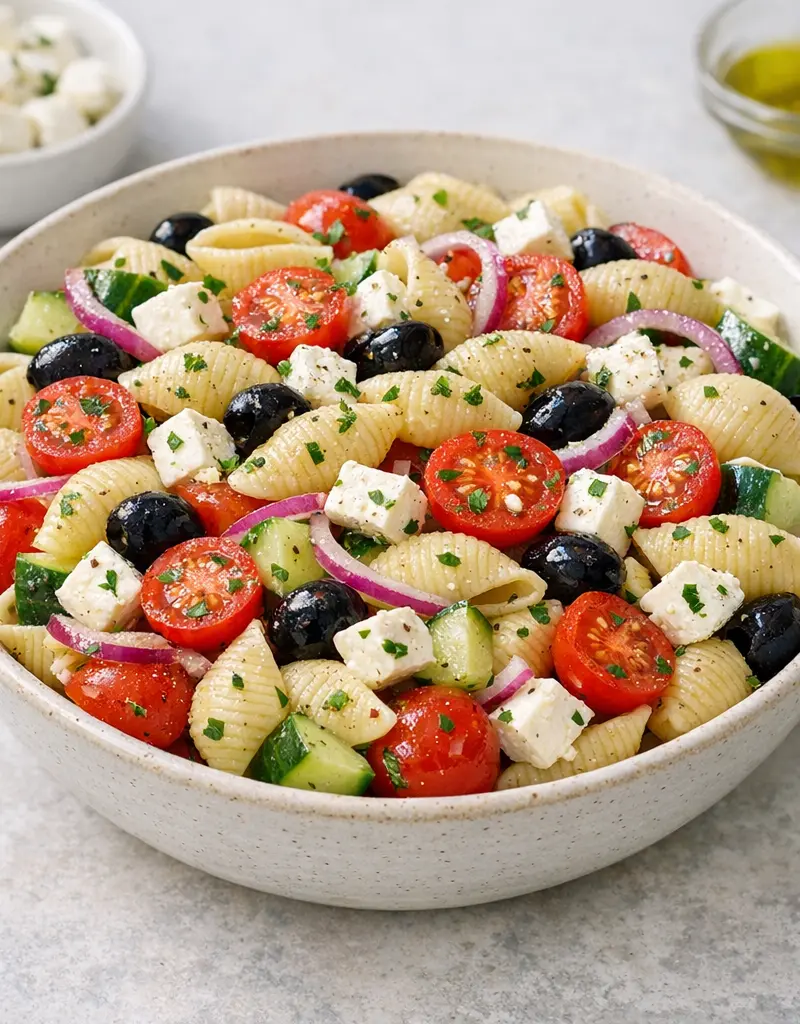 Greek Pasta Shells Salad prepared dish