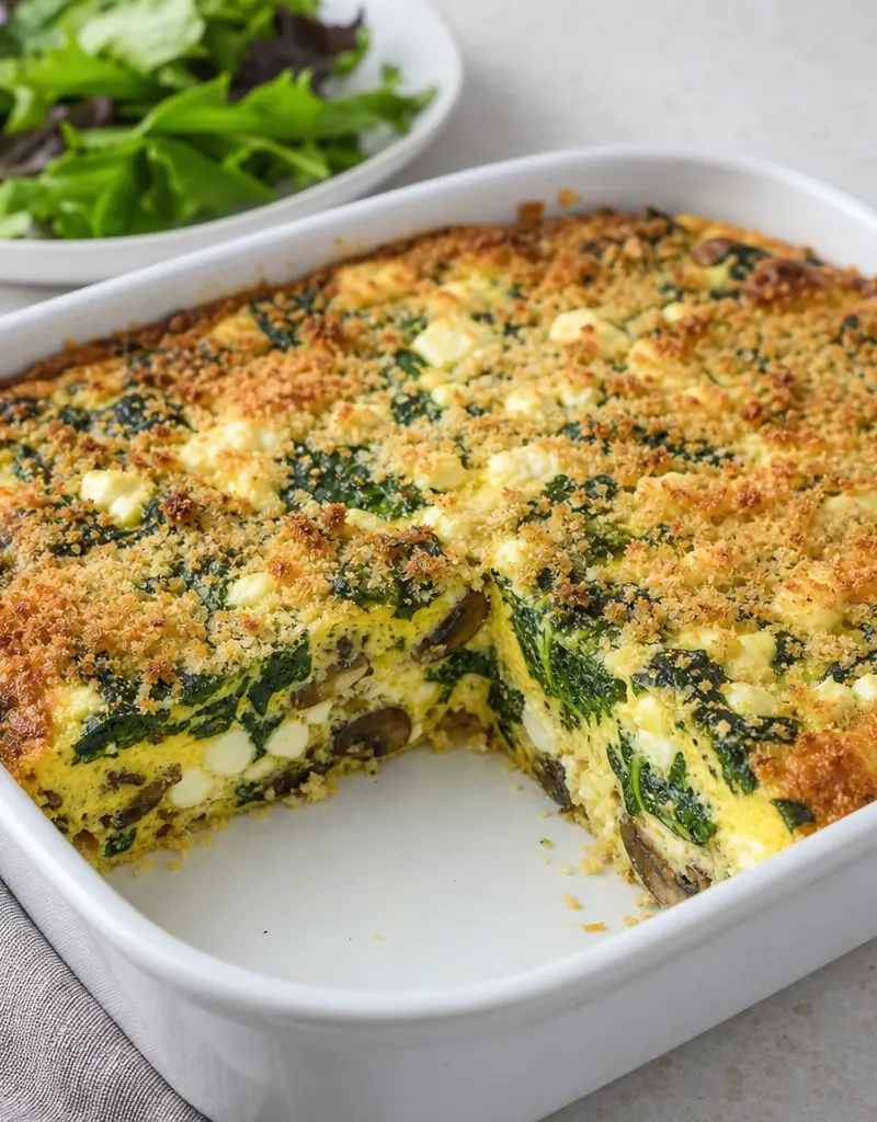 Spinach, Mushroom, and Feta Egg Bake prepared dish