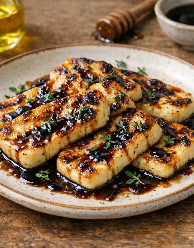 Grilled Halloumi With Caramelized Balsamic Vinegar prepared dish