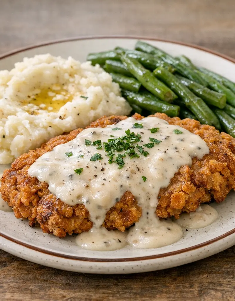 Mock Chicken Fried Steak With Milk Gravy prepared dish