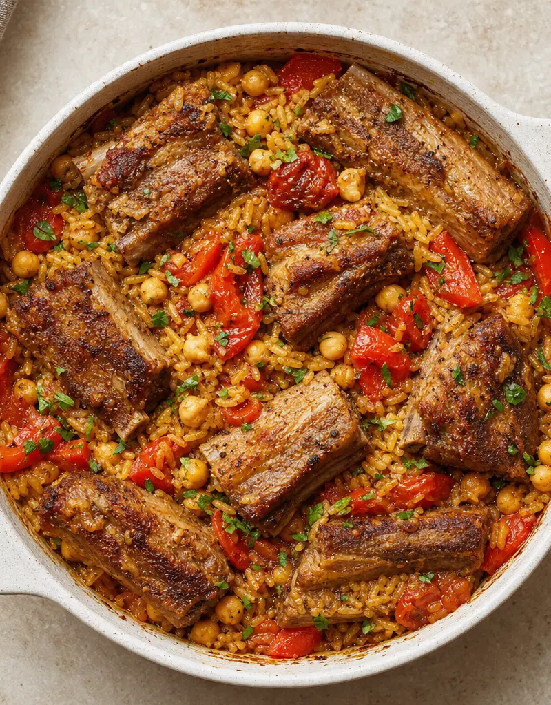 Braised Pork Sparerib, Rice, and Chickpea Casserole prepared dish