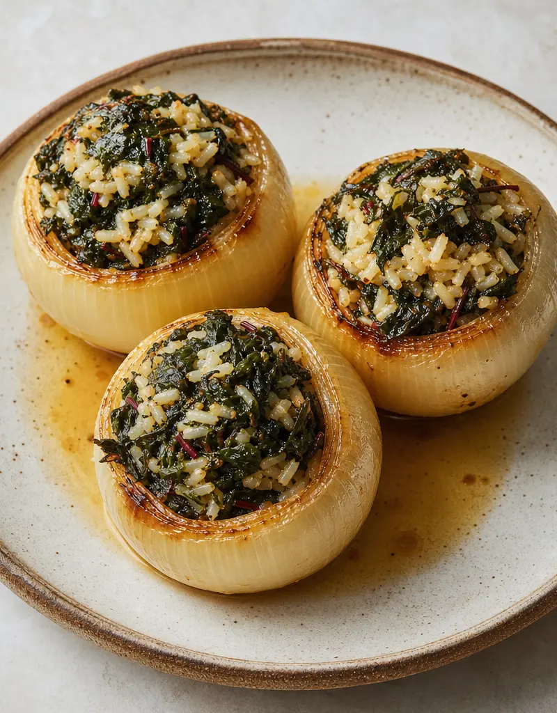 Baked Chard and Rice Stuffed Onions prepared dish