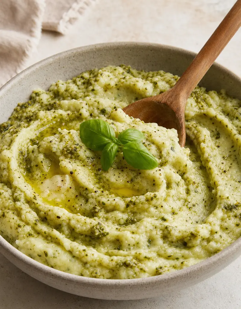 Fluffy Pesto Mashed Potatoes prepared dish