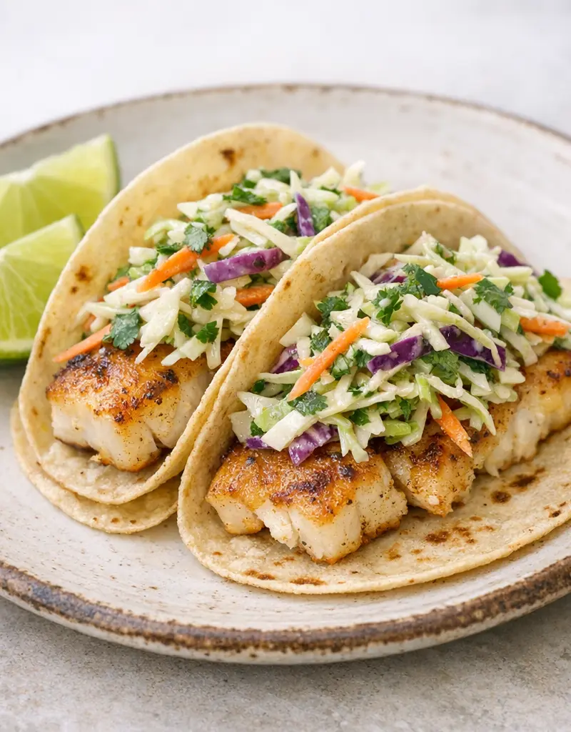 Fish Tacos With Cilantro Coleslaw prepared dish