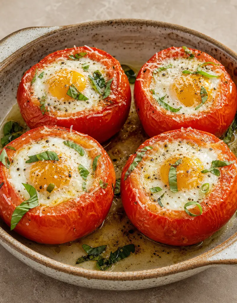 Baked Eggs in Tomato Cups prepared dish