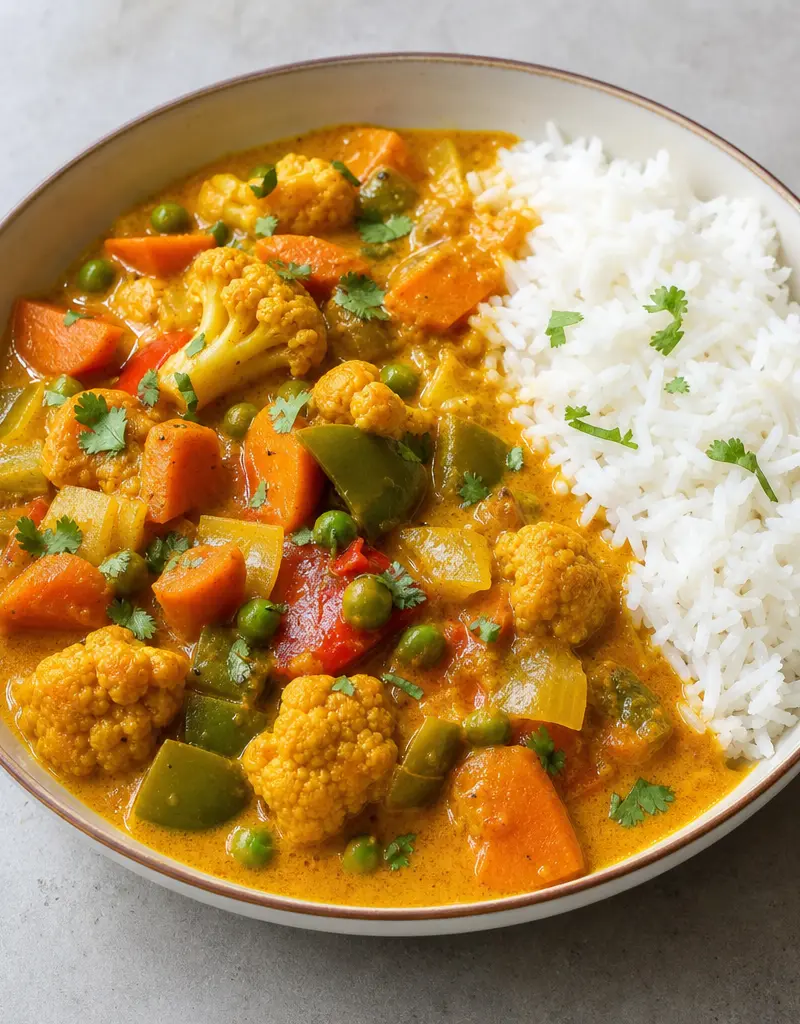 Lactose-free Indian Vegetable Curry prepared dish