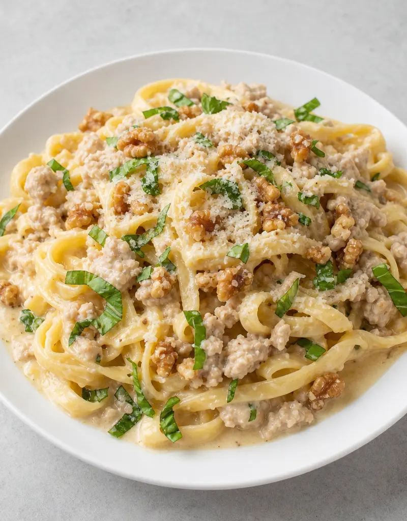 Fettuccine with Basil Turkey and Walnuts prepared dish