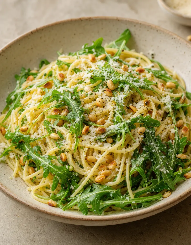 Spaghetti with Arugula, Parmesan, and Pine Nuts prepared dish
