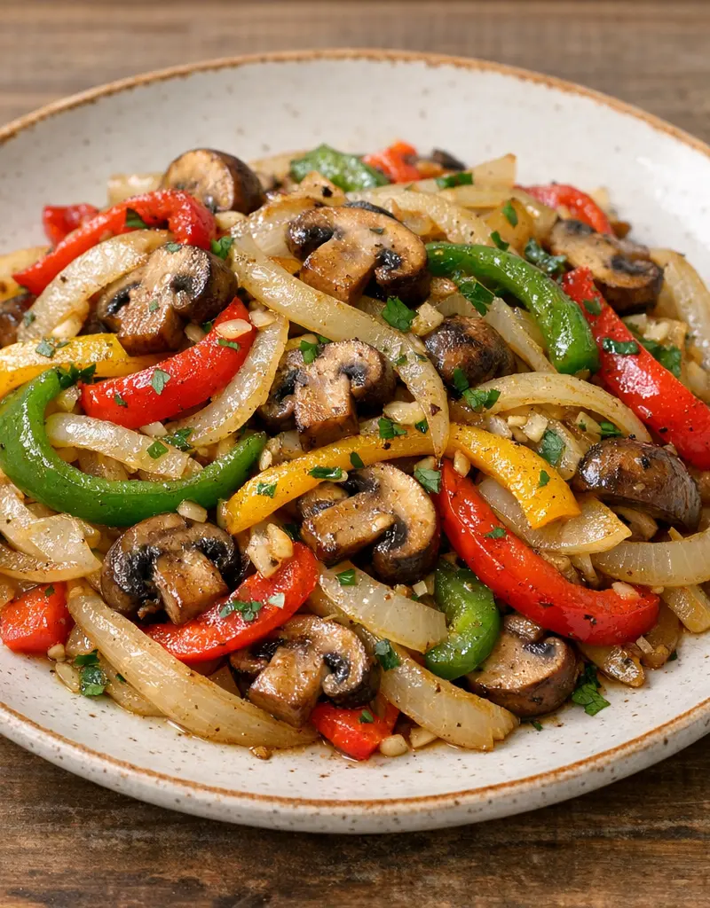 Sautéed Onions, Tri-colored Peppers, And Mushrooms prepared dish