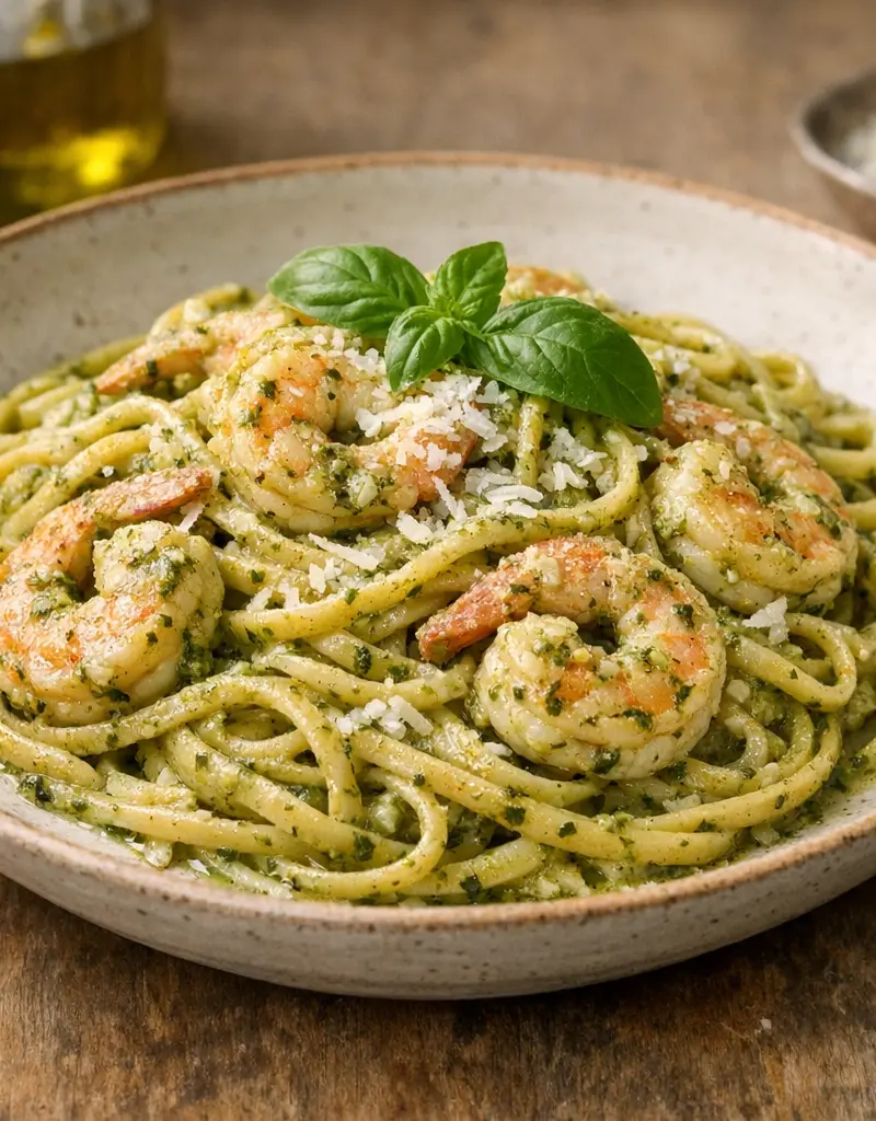 Creamy Pesto Shrimp Linguine prepared dish