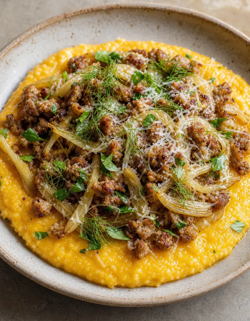 Pumpkin Polenta with Italian Sausage and Fennel prepared dish