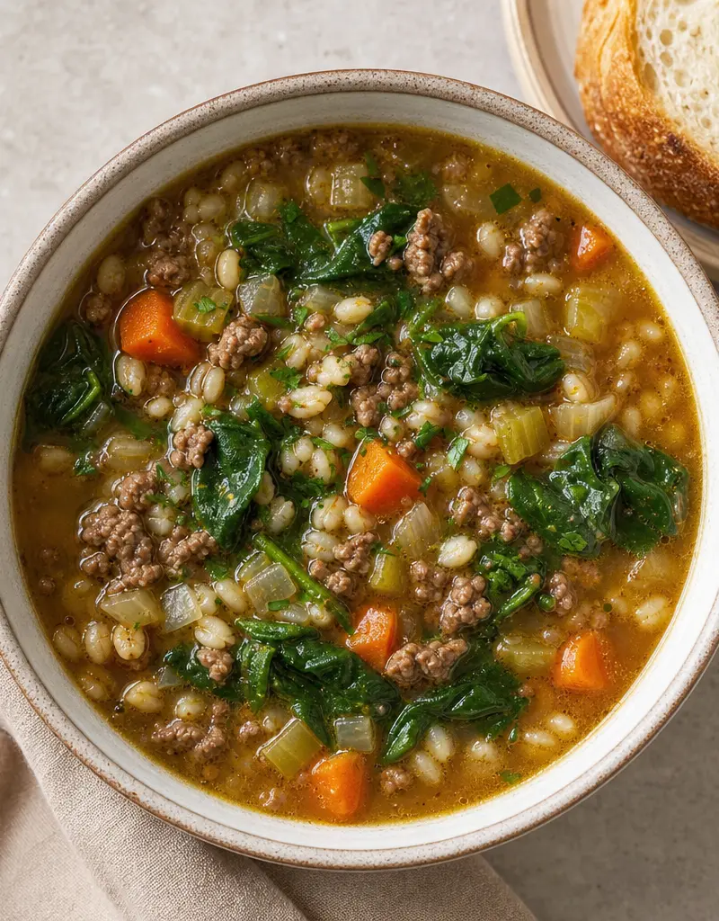 Ground Beef, Spinach, and Barley Soup prepared dish