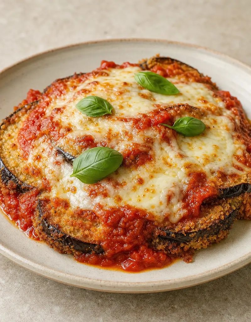 Crispy Baked Eggplant Parmesan prepared dish
