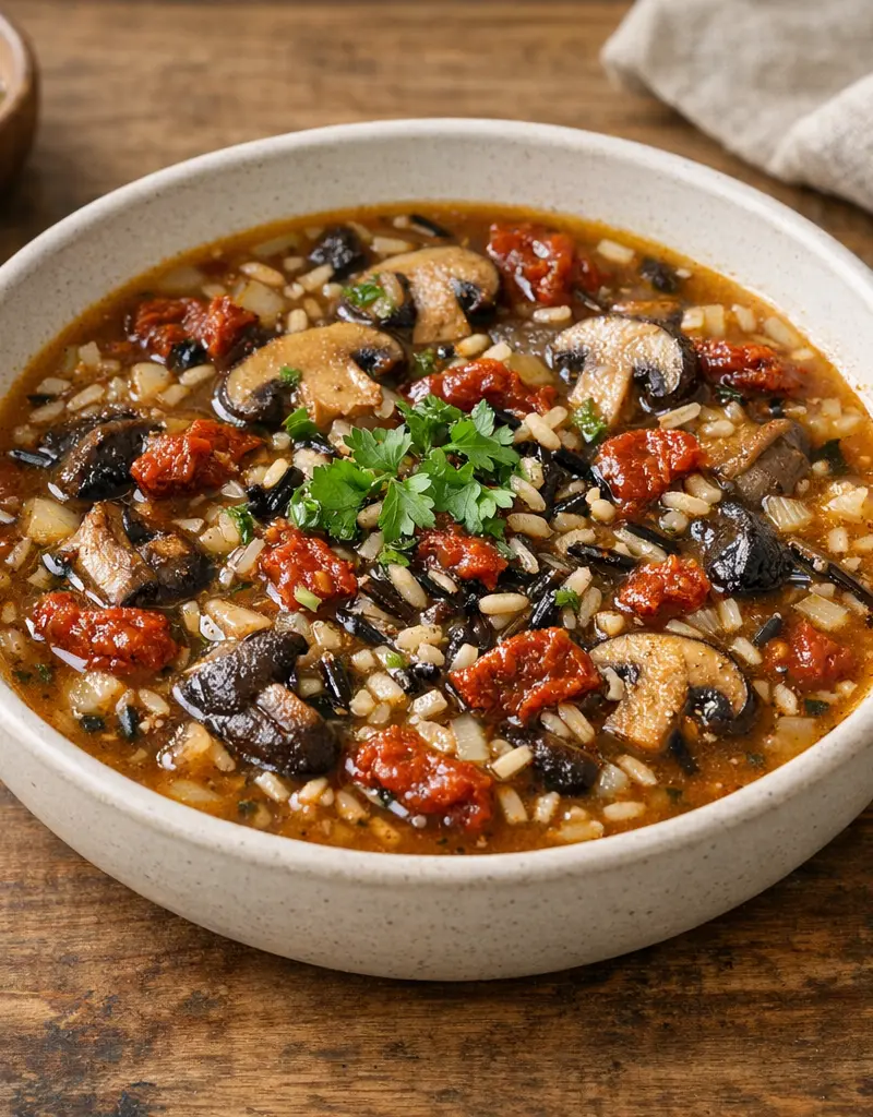 Sun-dried Tomato And Wild Mushroom Soup With Wild Rice prepared dish