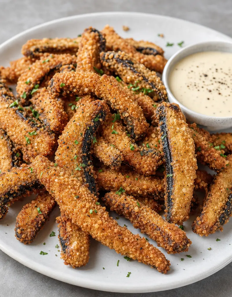 Crispy Fried Portobello Mushroom Strips prepared dish
