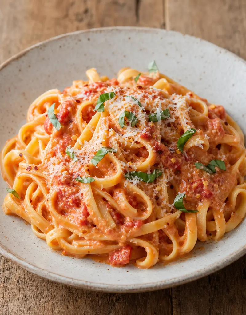 Fettuccini with Spicy Tomato Cream Sauce prepared dish