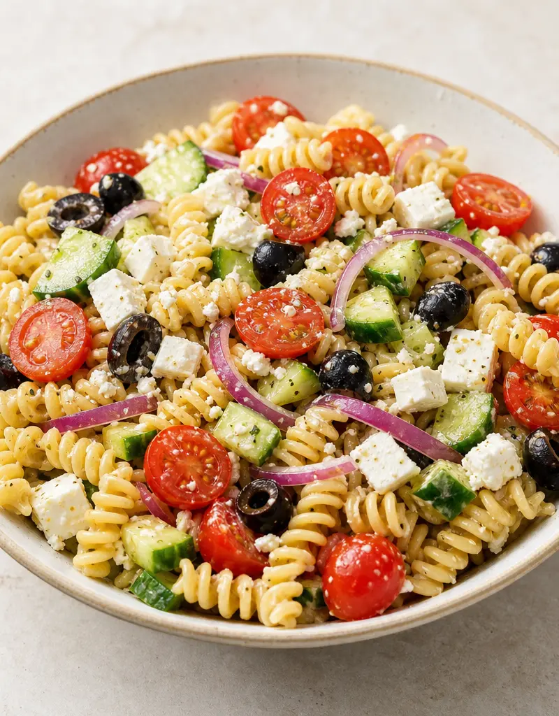Greek Pasta Salad with Feta and Olives prepared dish