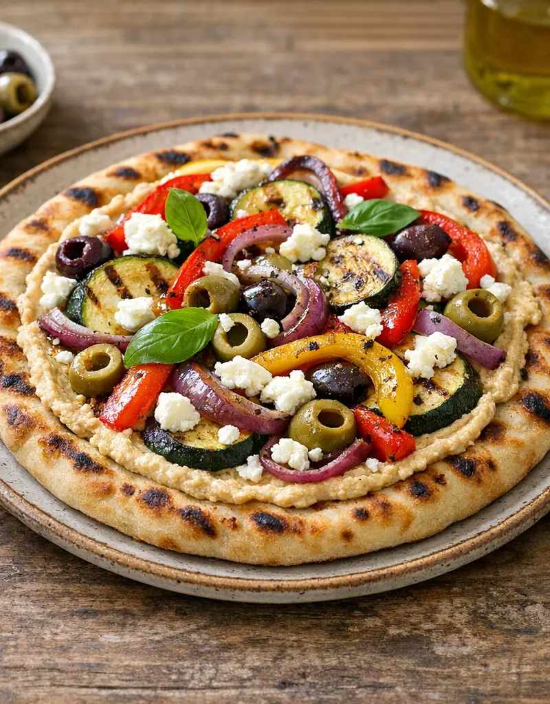 Grilled Pizza With Hummus, Vegetables, Goat Cheese, And Olives prepared dish