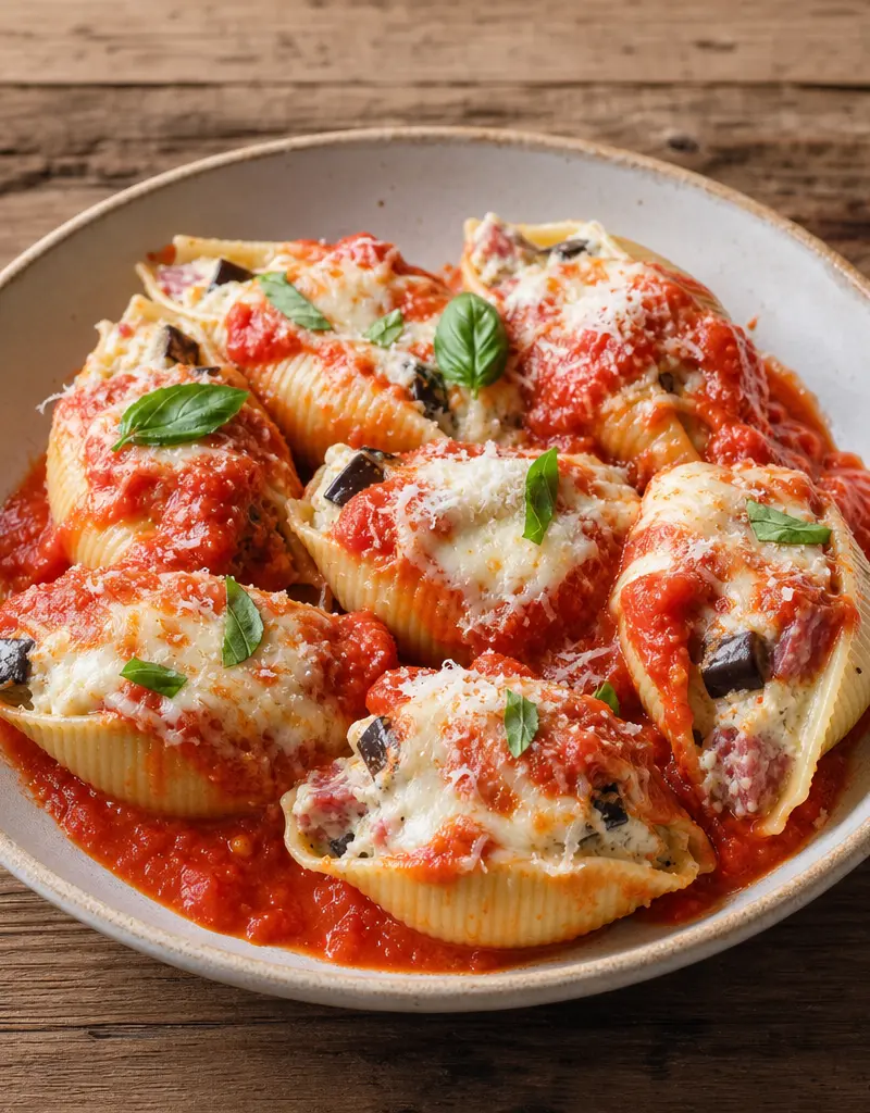 Eggplant and Salami Stuffed Shells with Red Pepper Sauce prepared dish