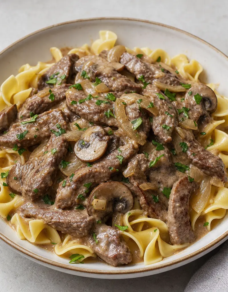 Beef Stroganoff with Egg Noodles prepared dish