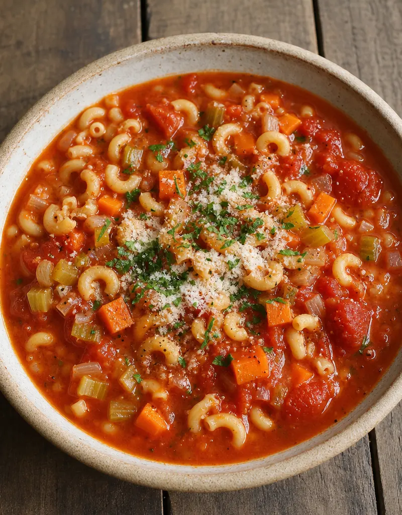Hearty Tomato Pasta Soup prepared dish