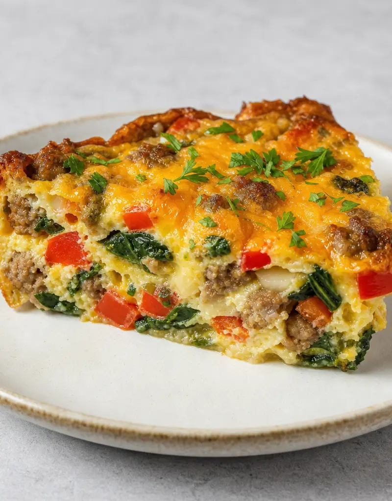 Breakfast Casserole with Eggs, Sausage, and Vegetables prepared dish