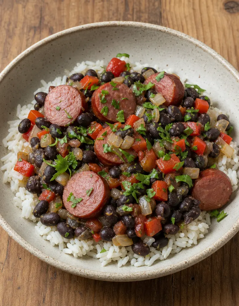 Black Beans and Kielbasa with Rice prepared dish