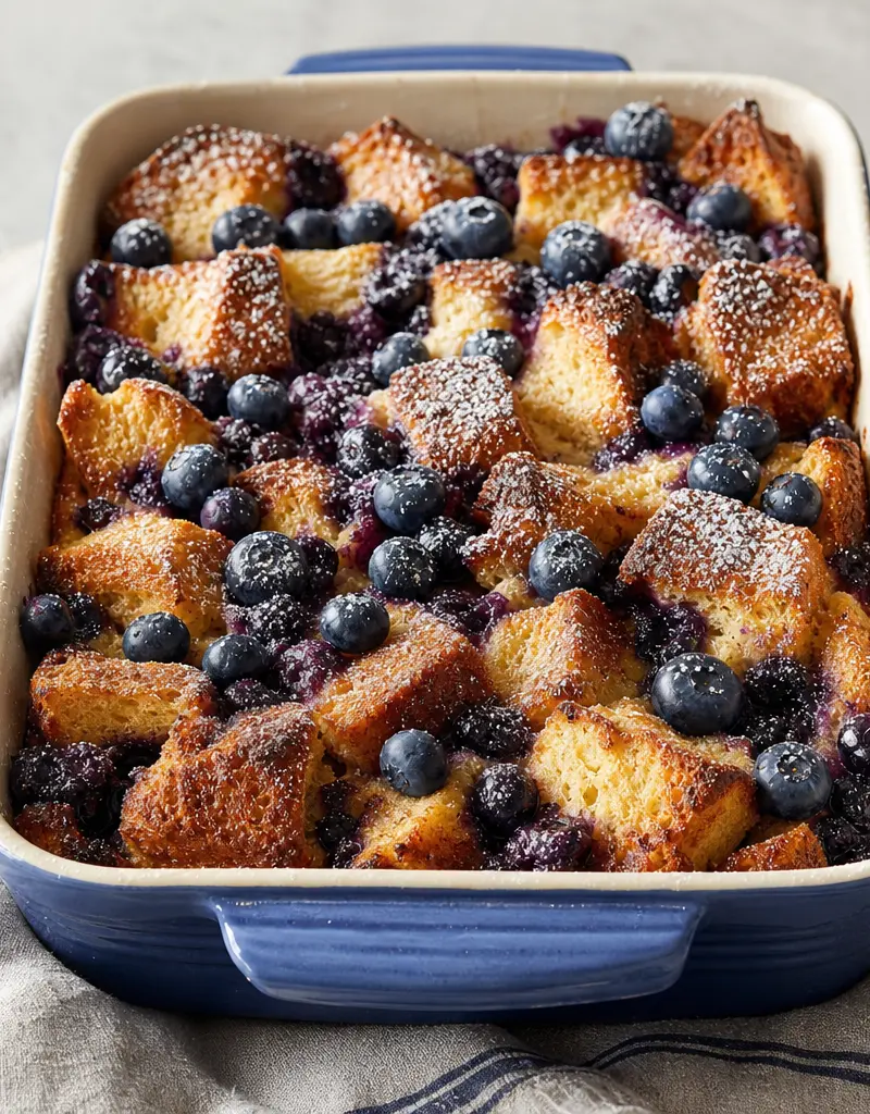 Blueberry French Toast Bake prepared dish