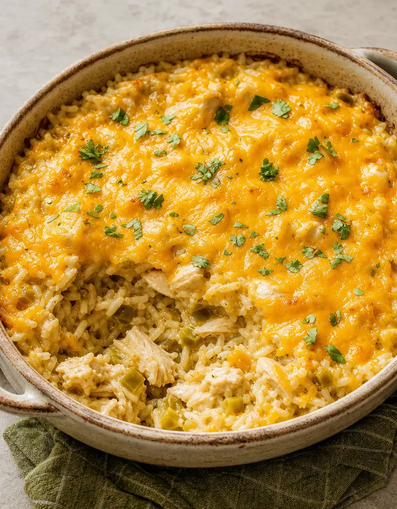 Green Chile Chicken Rice Casserole prepared dish