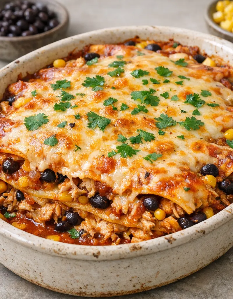 Cheesy Chicken Enchilada Casserole prepared dish