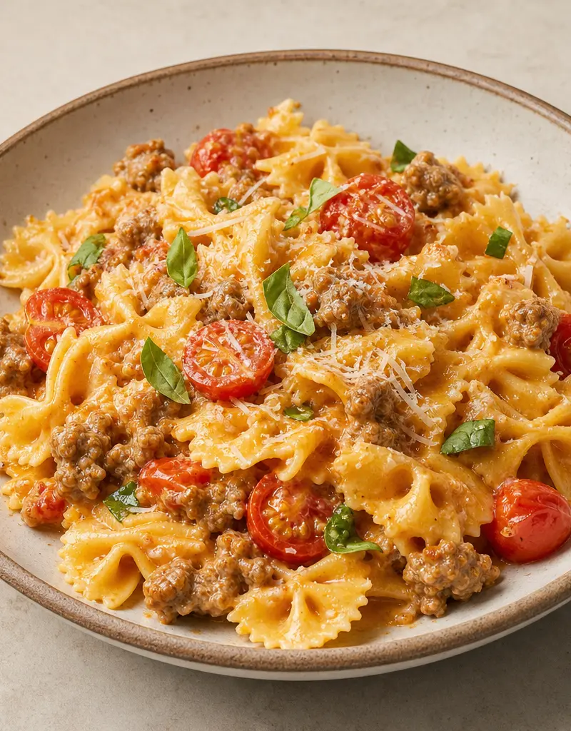 Farfalle Pasta with Sausage, Tomatoes, and Cream prepared dish