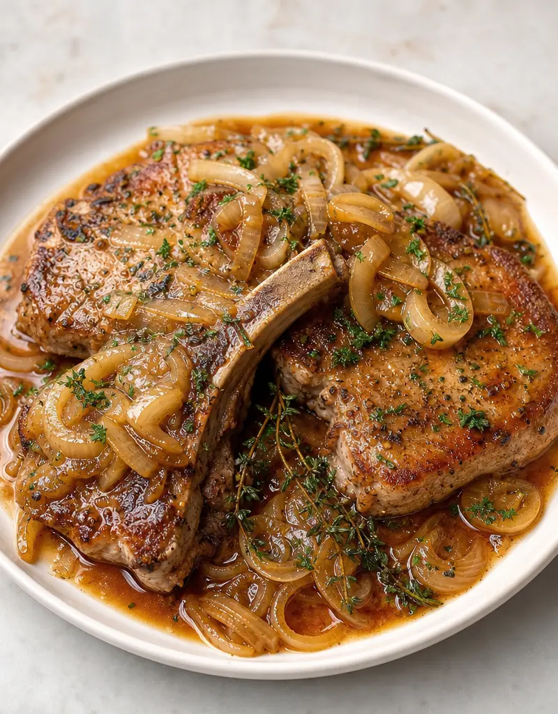 Apple Cider Braised Pork Chops with Onions