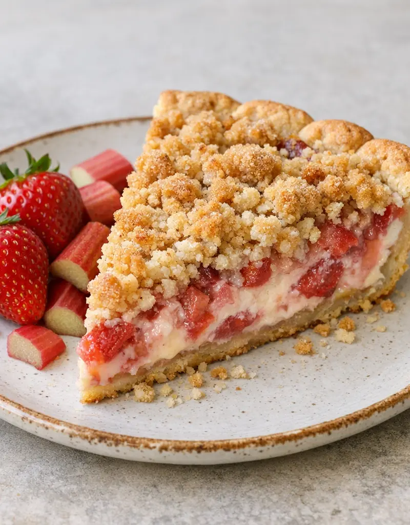 Strawberry Rhubarb Sour Cream Pie With Crumb Topping prepared dish