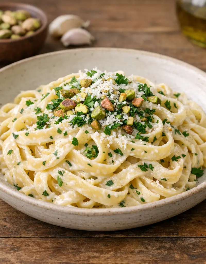 Creamy Fettuccine With Parsley And Pistachios prepared dish