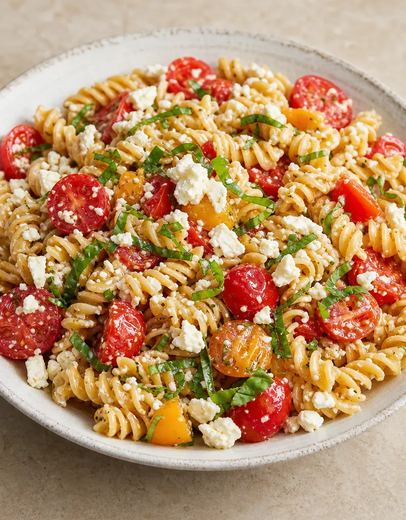 Fresh Tomato and Feta Pasta Salad prepared dish