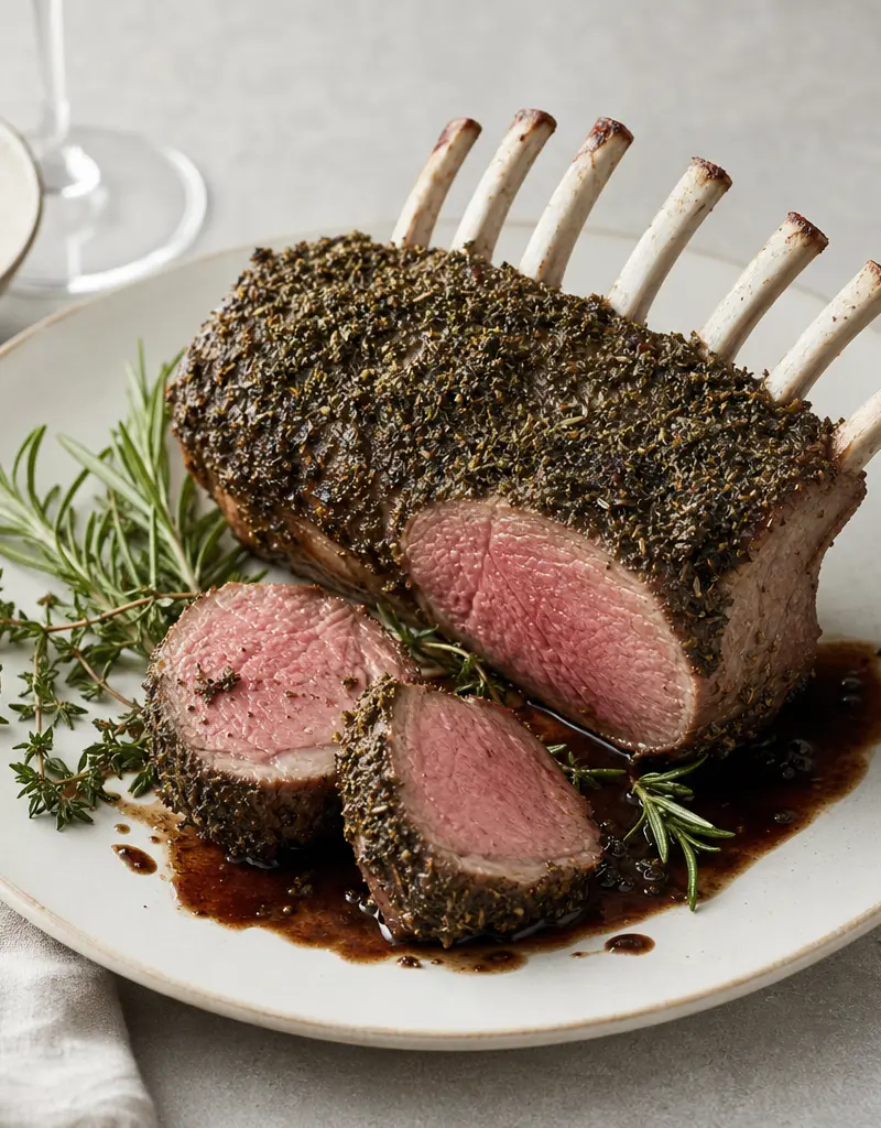 Herb-crusted Rack of Lamb with Port Reduction Sauce prepared dish