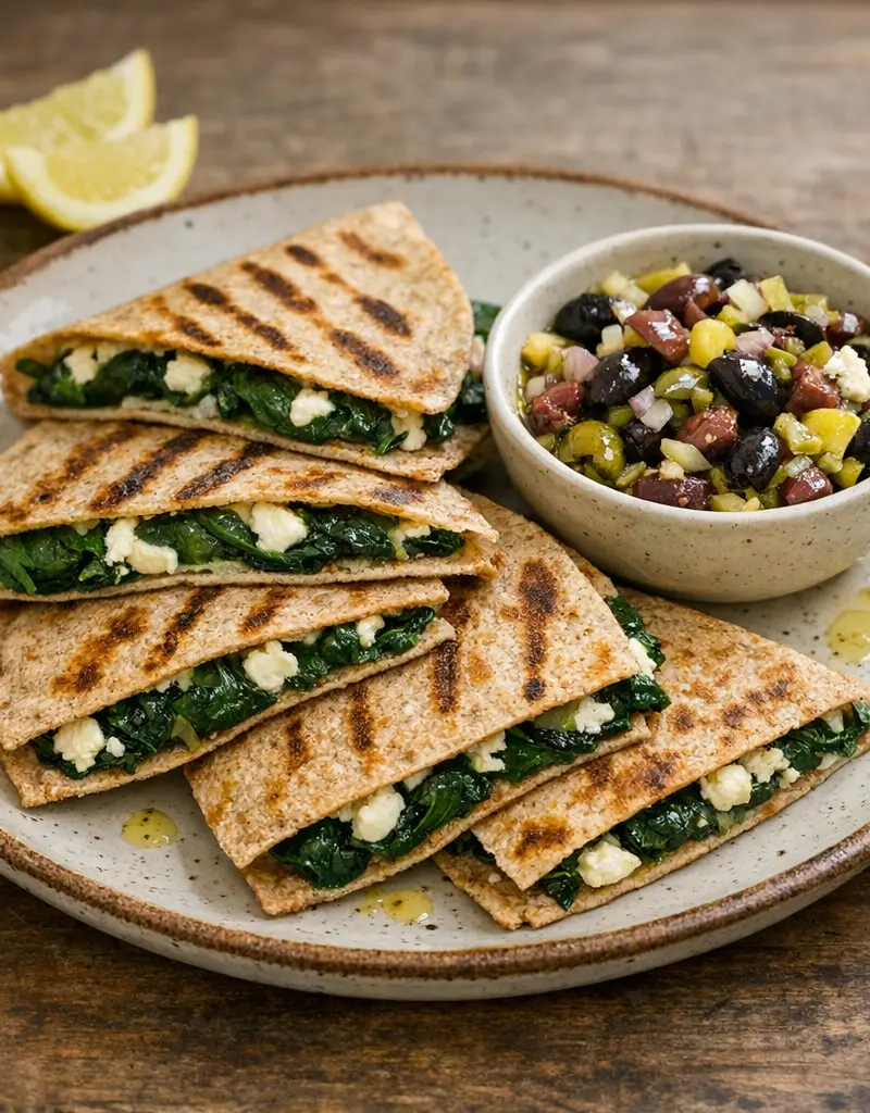 Grilled Spinach And Feta Quesadillas With Olive Lemon Relish prepared dish