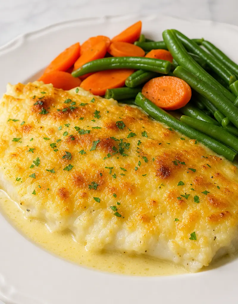 Flounder Fillet Au Gratin prepared dish