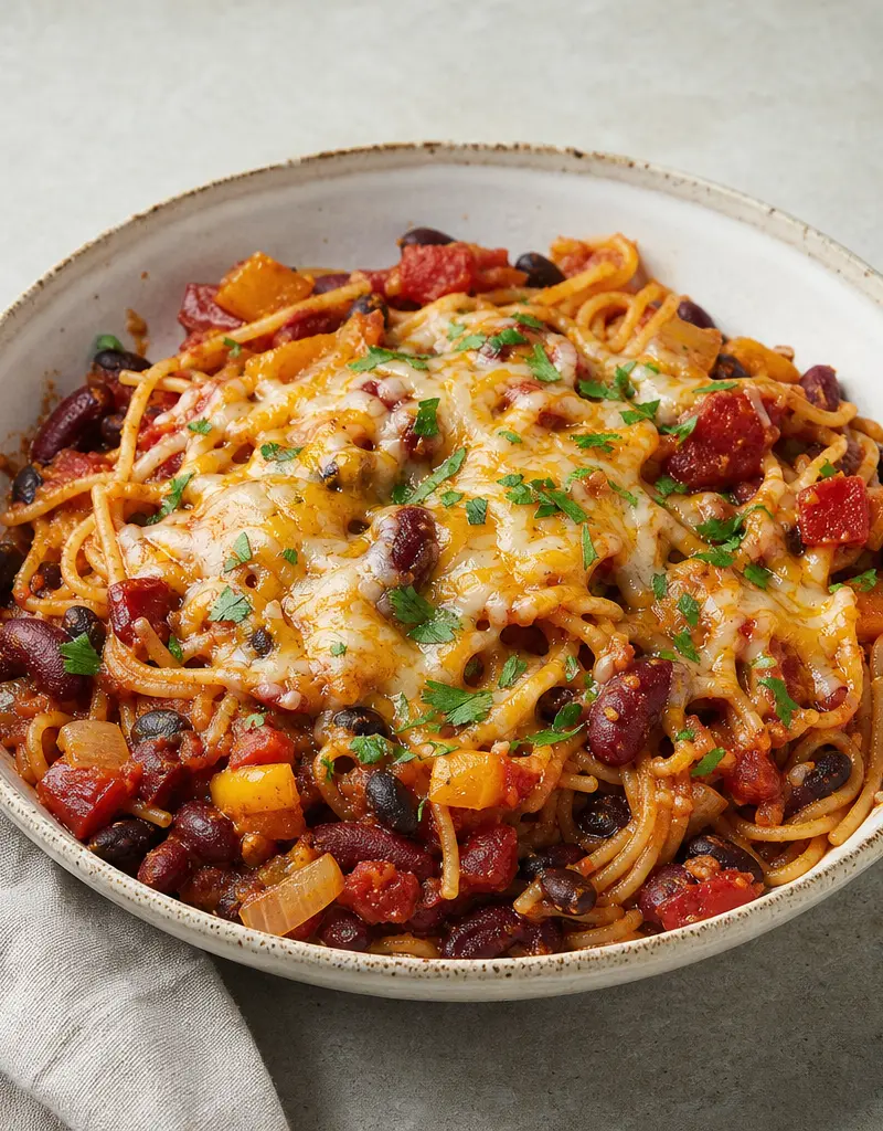 Baked Vegetarian Chili Spaghetti prepared dish