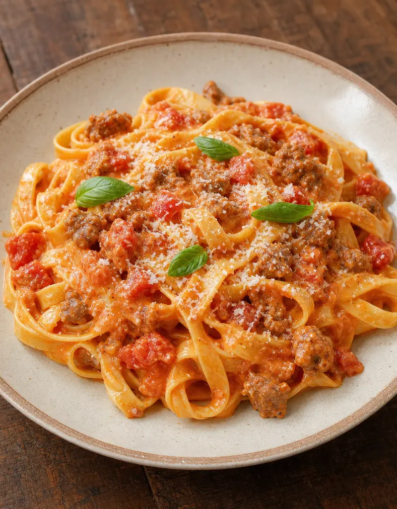 Fettuccine with Creamy Tomato and Sausage Sauce prepared dish