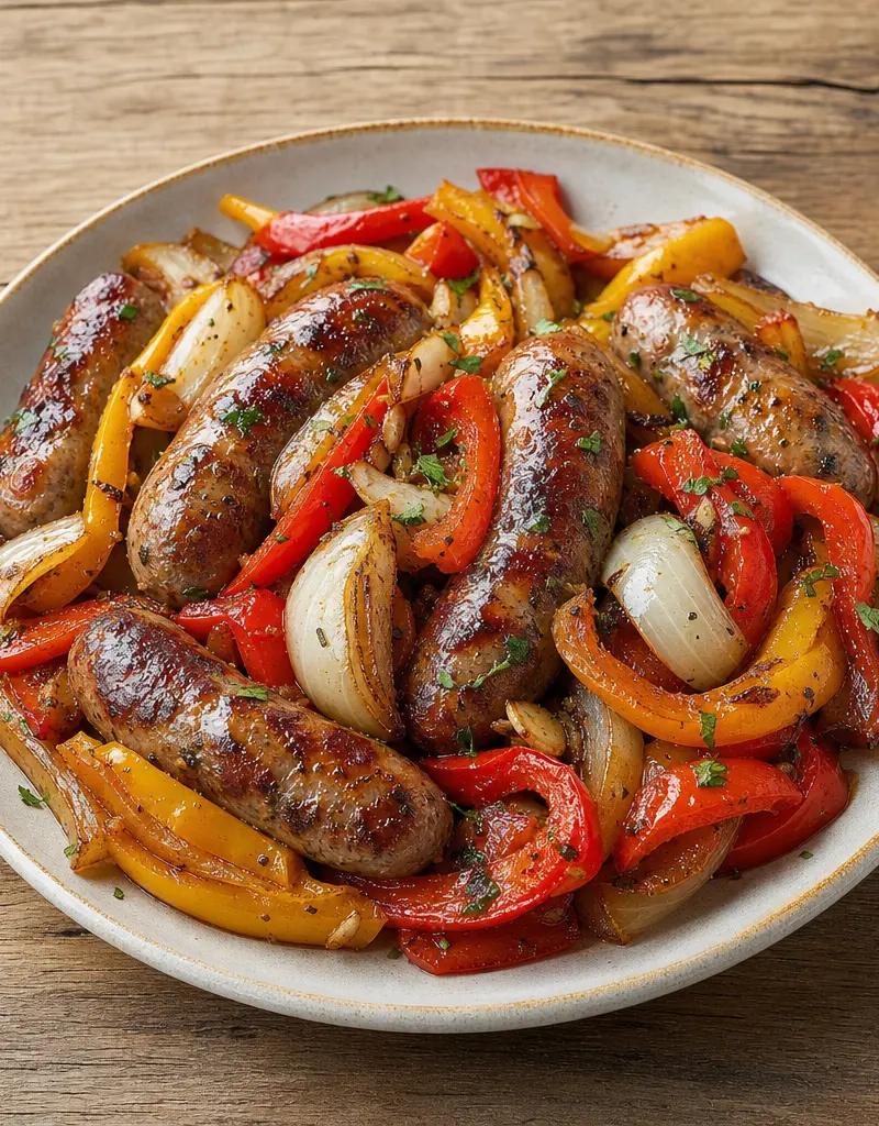 Roasted Sausage with Peppers and Onions prepared dish