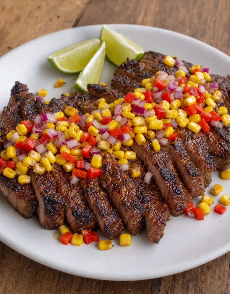 Chili Rubbed Strip Steaks with Corn Relish prepared dish